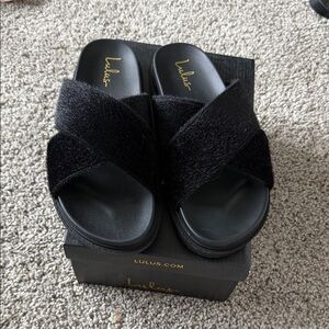 Lulu's Elegant Black Fur Slide Sandals